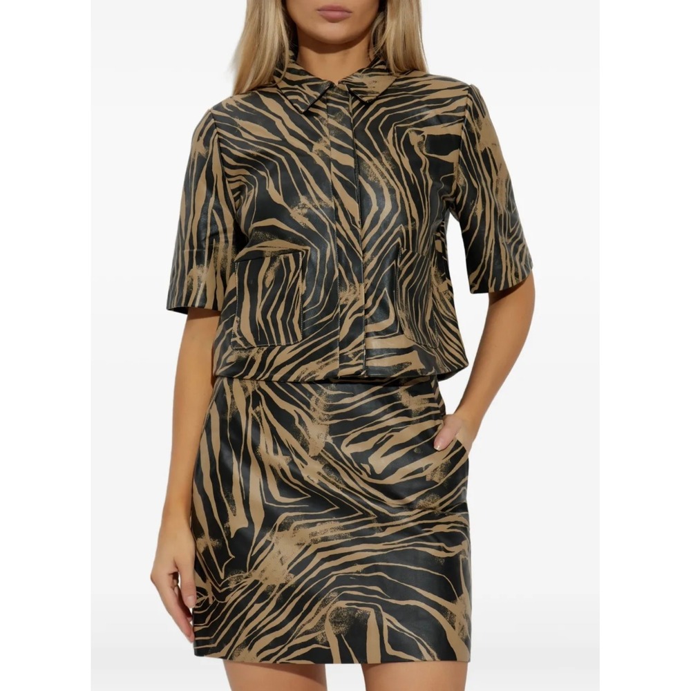 Munthe Jacket Women 38 Brown Zebra Print Lamb Leather Short Sleeve Cropped